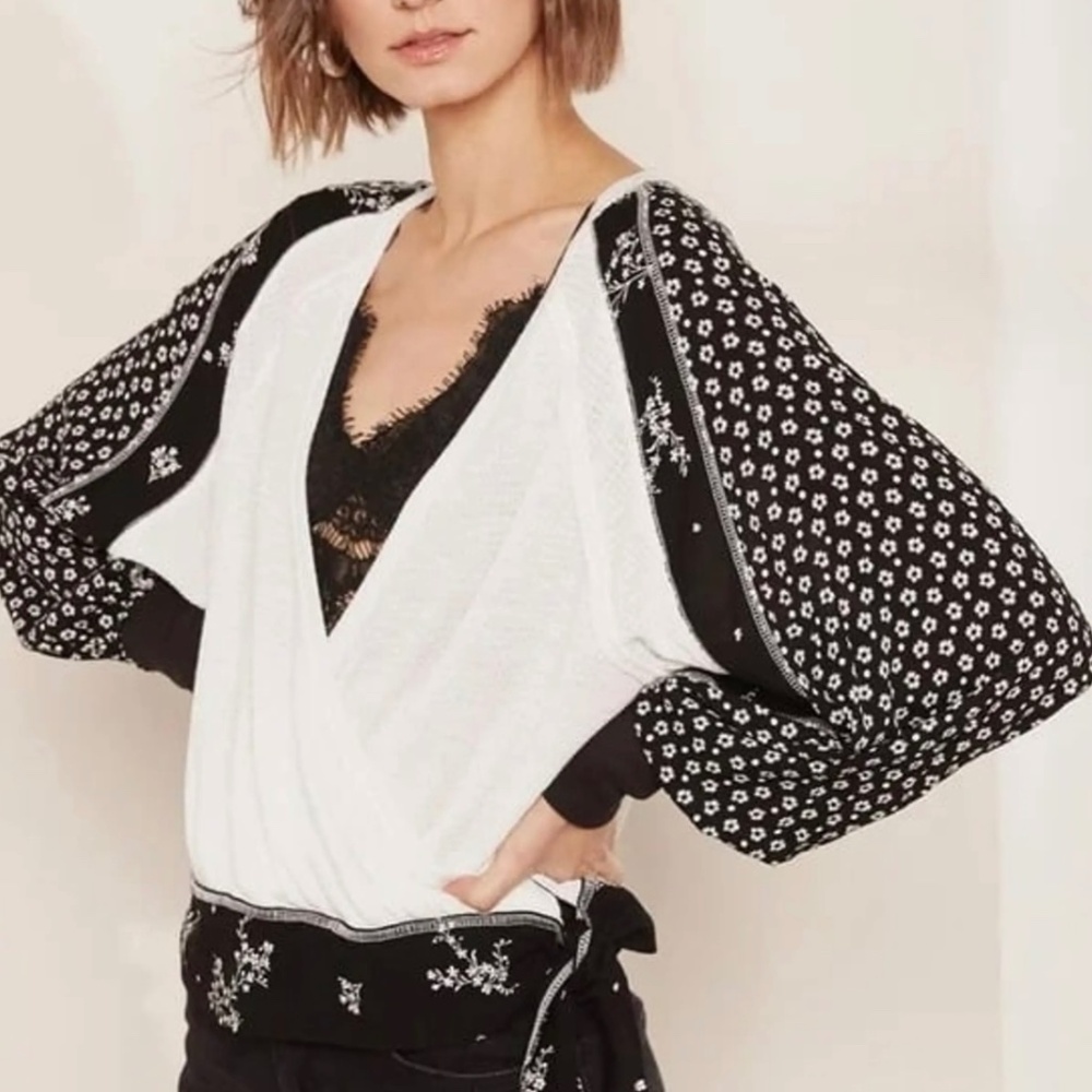 Free People Auxton Thermal Top Mixed Print Floral Waffle Knit White Black Size M